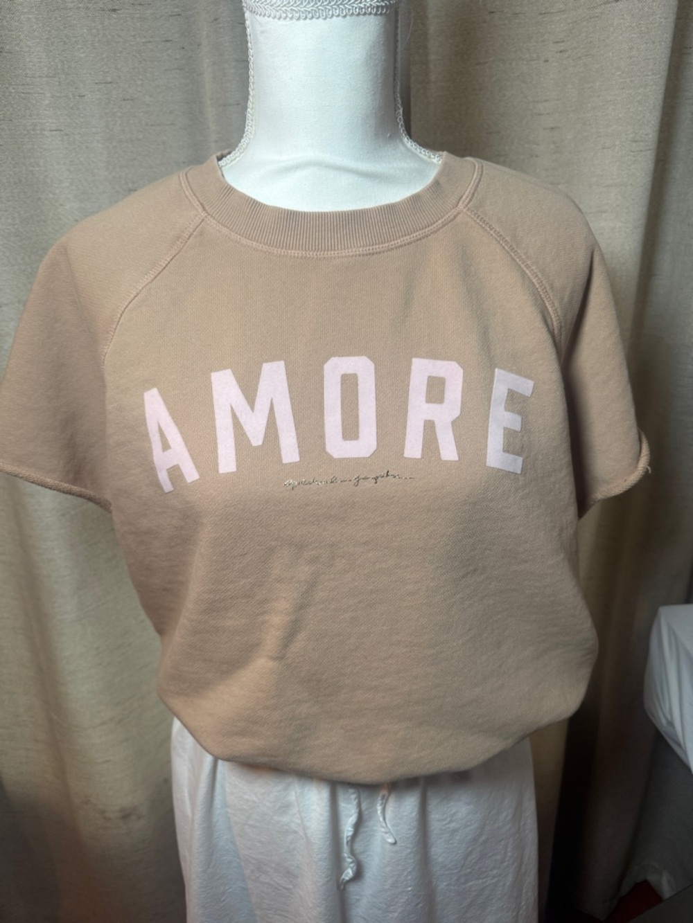 AMORE Graphic Short-Sleeve Sweatshirt - Taupe with Pale Pink Spiritual Gangster
